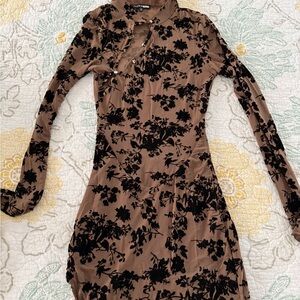 Fashion Nova Brown Floral Long Sleeve Dress